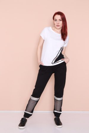 Tracksuit cotton set,white top and black sweatpants,2104