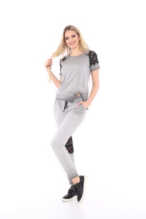 Cotton tracksuit set in gray,with off-shoulder top,2103