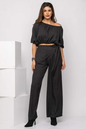Matching top and drawstring trousers set in black and gray,one size,3442