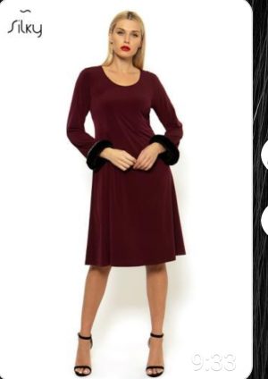Maroon,black dress,size 58 with gems and fur on the sleeves,A-line,3166