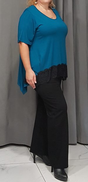 Short-sleeved top,made of viscose,front and bottom laced,assymetric edes,in black and petrol blue,3287