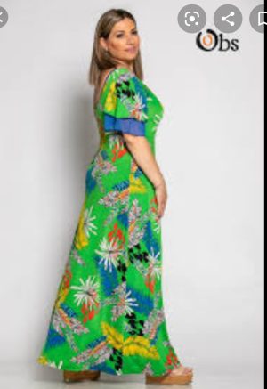Maxi,elastic,floral print dress with frill sleeves and decoletage,made of viscose,sizes 50,52,4002