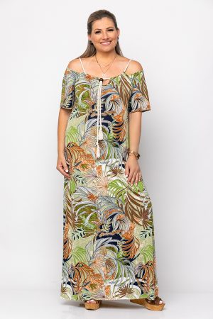 Elastic,off-shoulder floral print dress in green and olive green shades,made of viscose,sizes 52-54-56,4003
