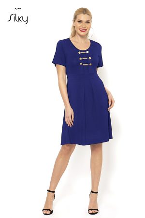 Cotton dress in royal blue,black,with golden buttons in the front,size 56,4004